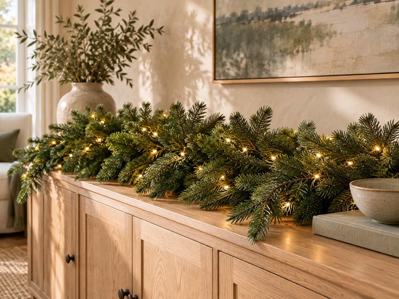 AI styling illustration of green foliage with warm white lights on an oak sideboard