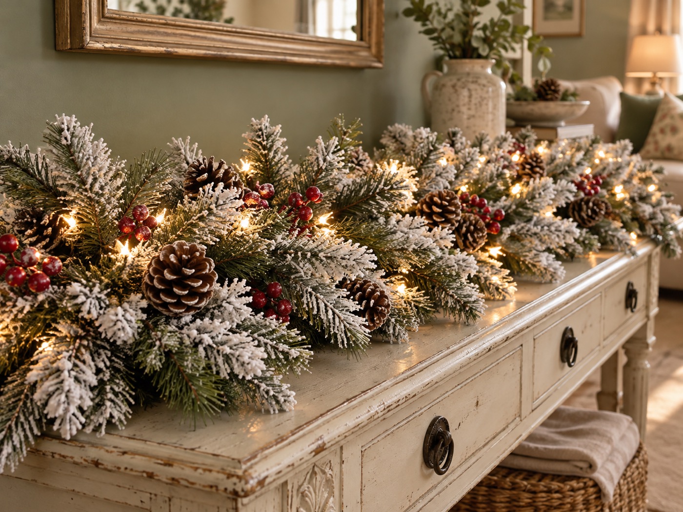 AI styling illustration of snowy foliage, pine cones, berries and warm white lights