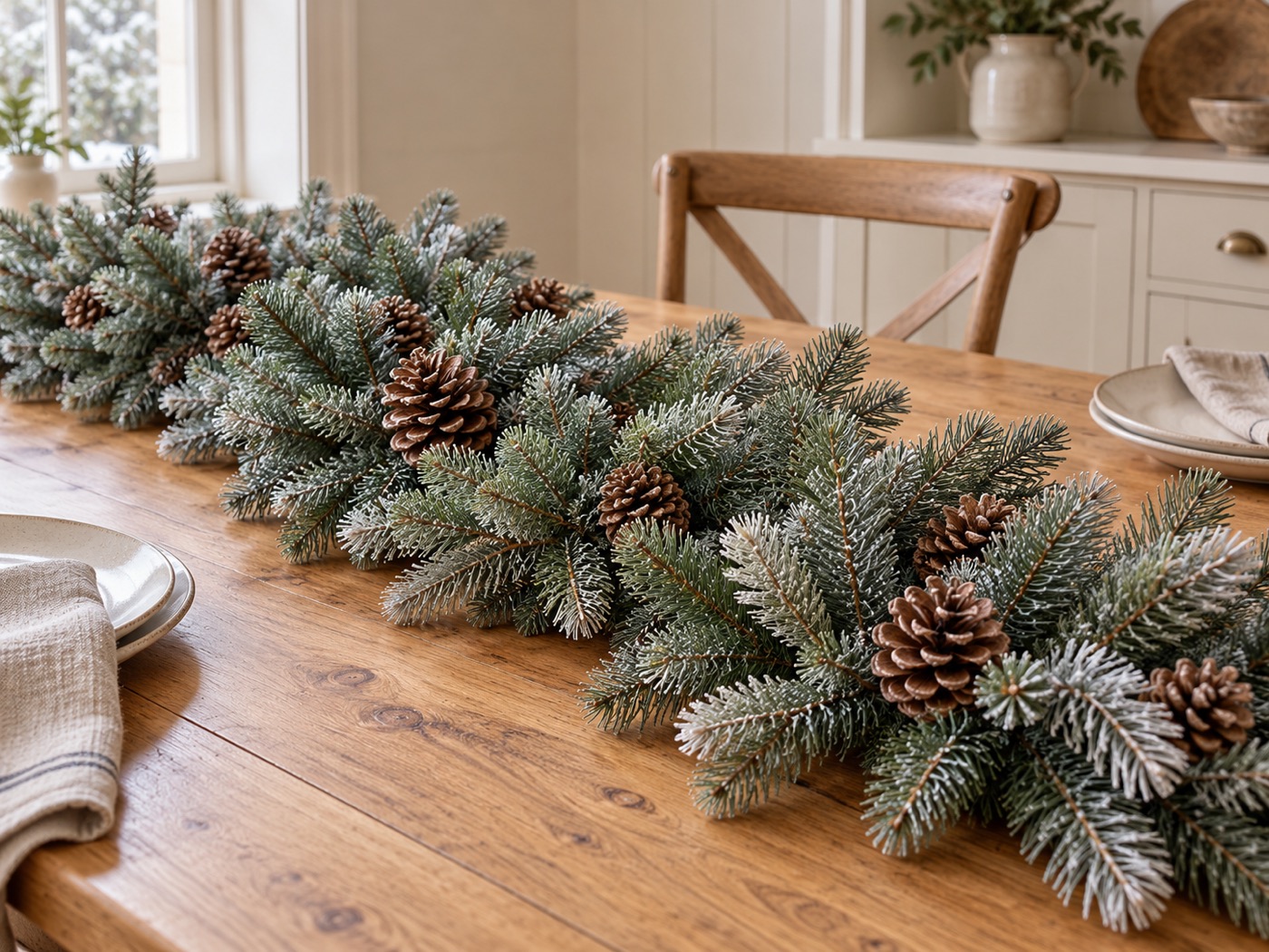 AI styling illustration of unlit frosted spruce foliage and pine cones on a dining table